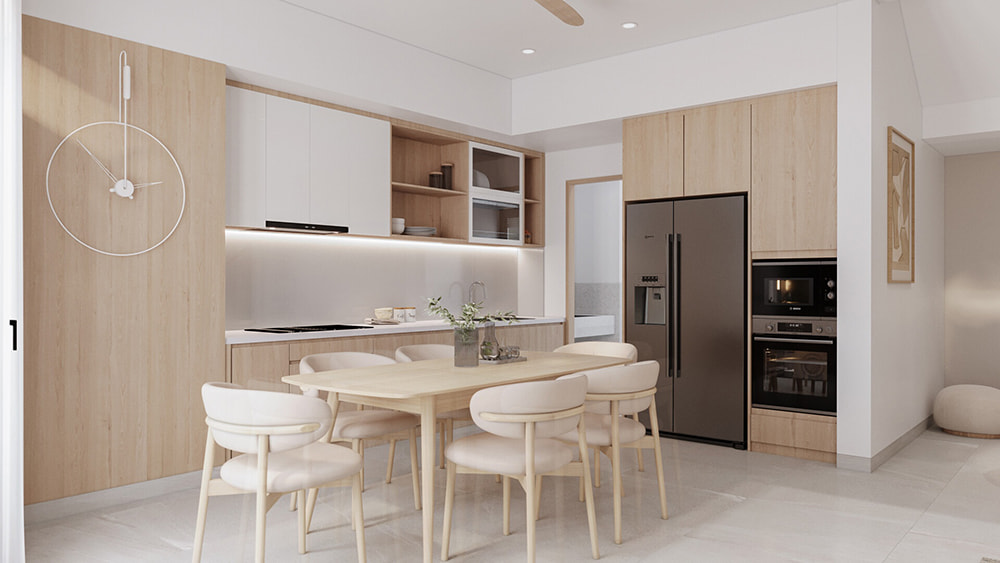 Hệ tủ bếp chữ I kịch trần gọn gàng, tối ưu công năng cho nhà phố có diện tích chiều ngang hẹp.