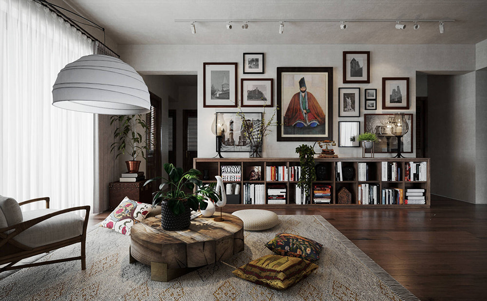 Thiết kế nội thất quận 2 phòng khách nghệ thuật với kệ sách và tranh treo tường.
