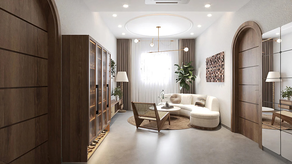 Không gian sảnh ấm cúng với cửa vòm gỗ, ghế sofa cong và gương trang trí mở rộng diện tích.