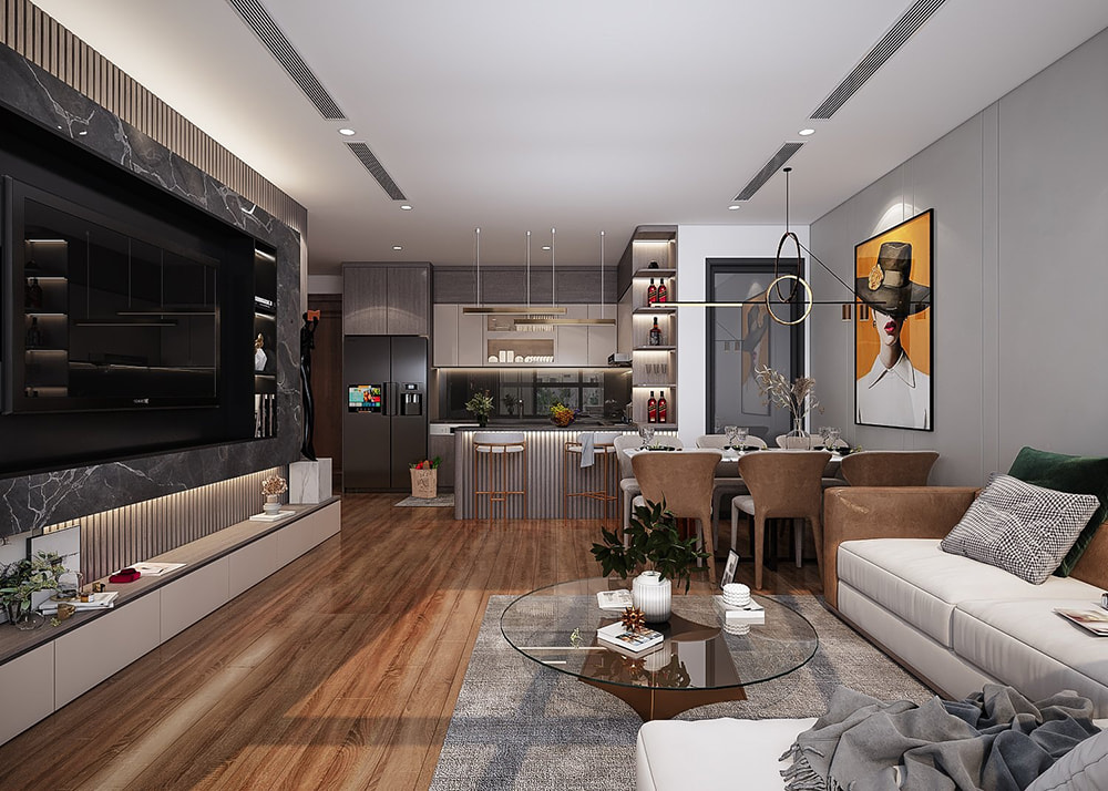 Thiết kế nội thất quận 9 phòng khách liền bếp ốp đá marble sang trọng.