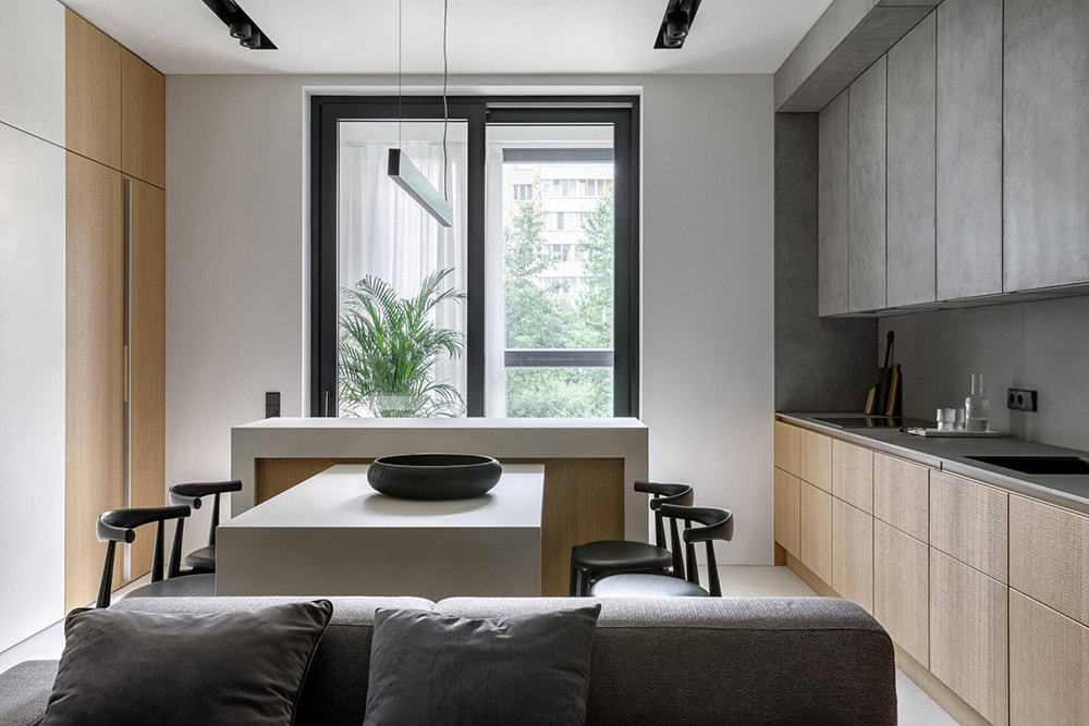 Thiết kế nội thất quận 9 tủ bếp chữ I kết hợp bàn đảo tiện nghi.