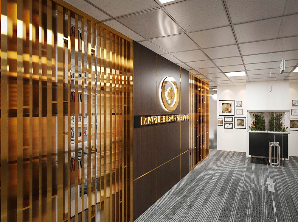 Vách ngăn kim loại mạ vàng tại sảnh văn phòng Maple Leaf.