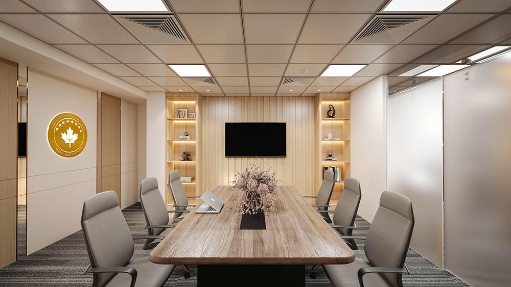 Kệ trưng bày và logo trong phòng họp văn phòng Maple Leaf.