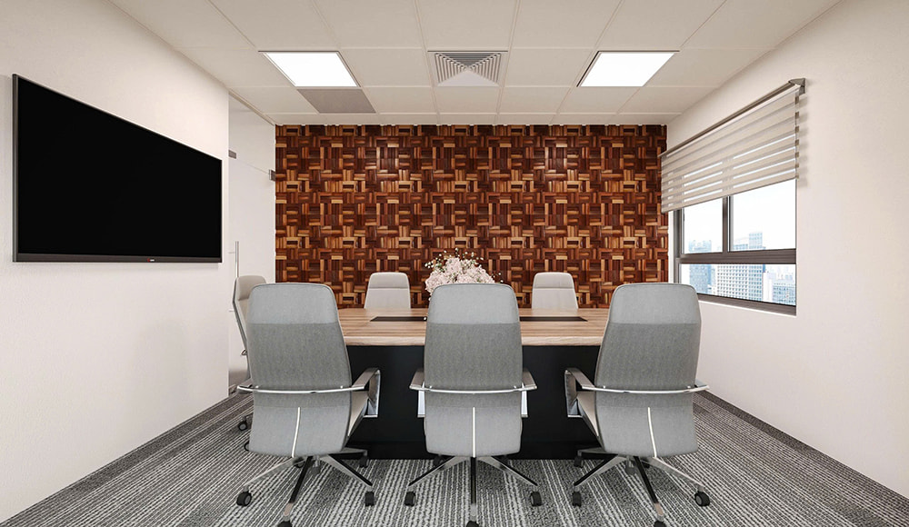 Vách tường ốp gỗ 3D độc đáo tại văn phòng Maple Leaf.