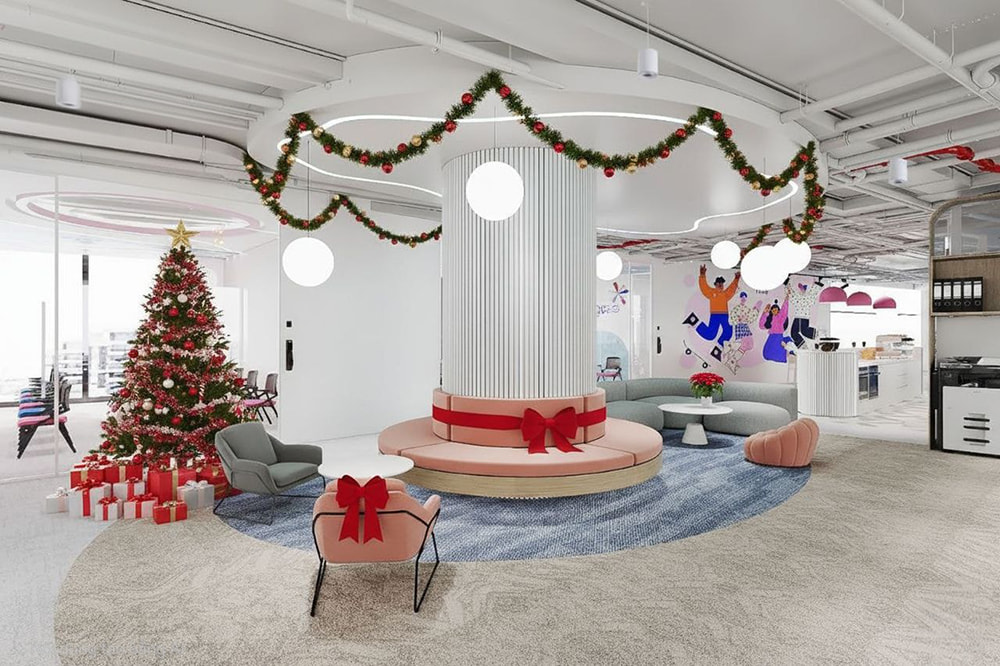 Ý tưởng trang trí noel văn phòng khu vực pantry cột tròn.