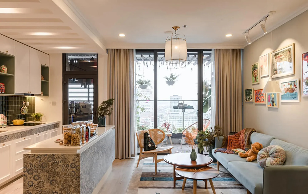 Không gian mở trang trí phòng bếp ngày tết với bàn đảo ốp gạch bông độc đáo