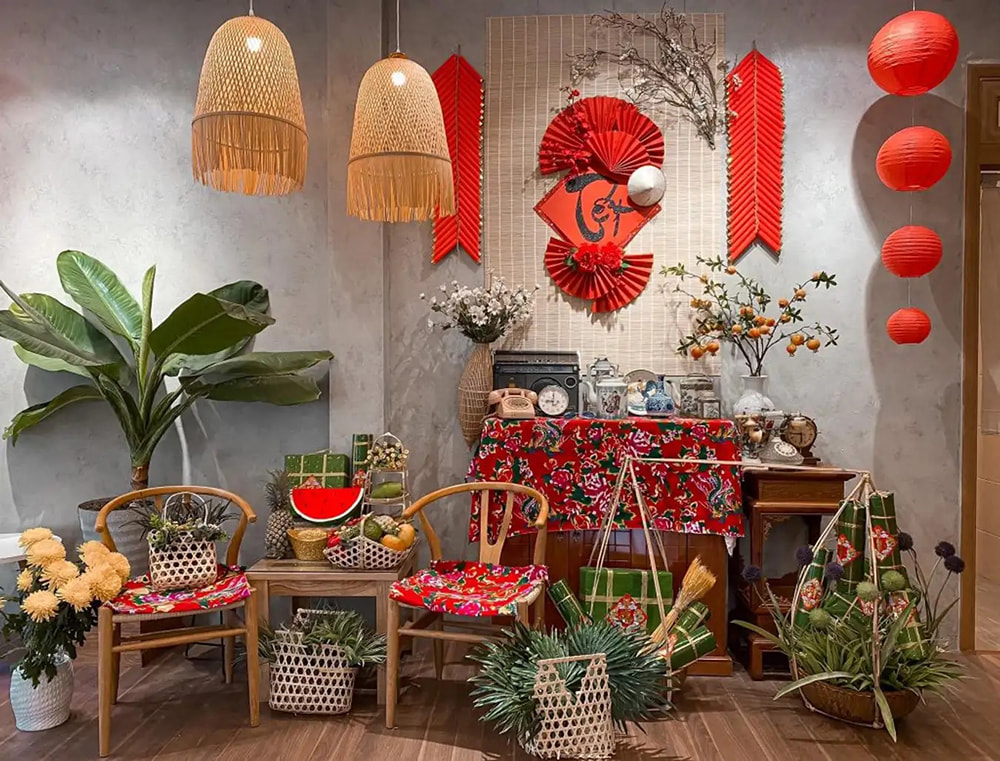 Trang trí văn phòng ngày tết phong cách xưa bao cấp.