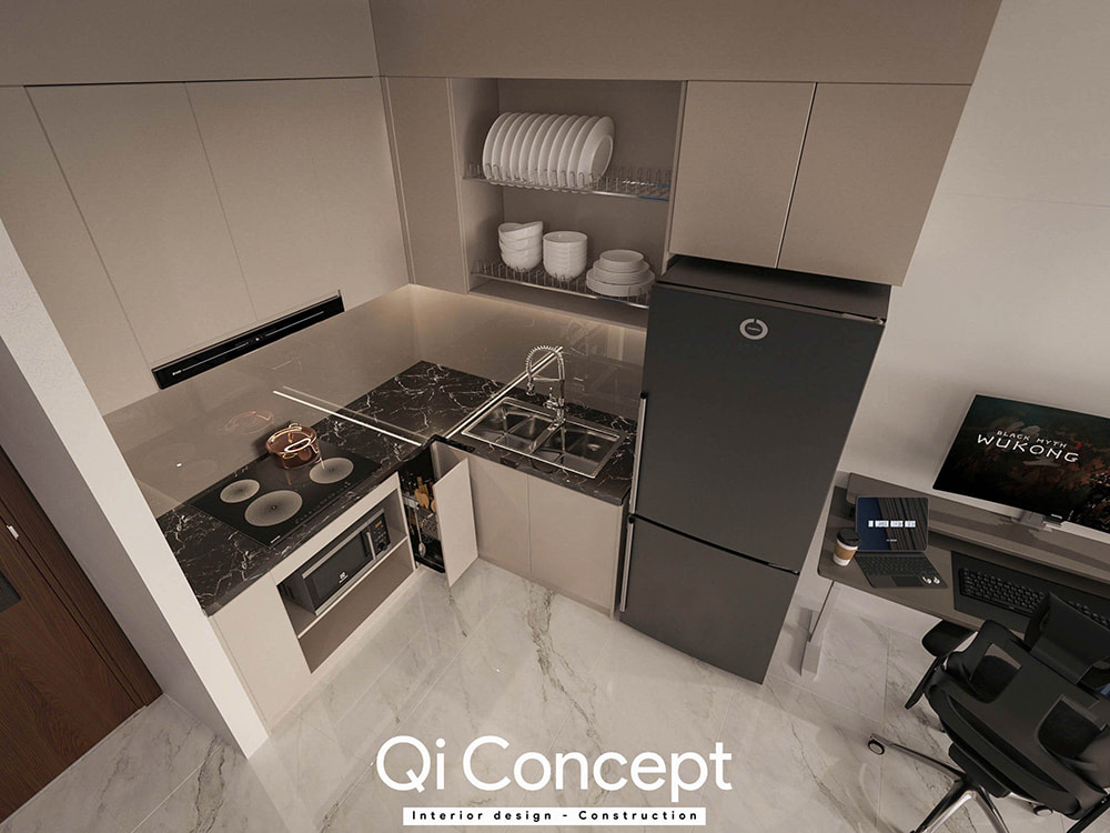 Thiết kế chung cư Citihome khu vực bếp chữ L hiện đại với tủ màu xám và mặt đá đen sang trọng.