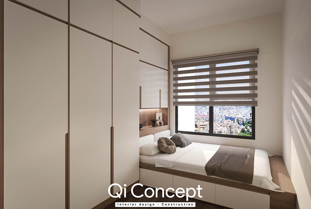 Thiết kế chung cư Citihome phòng ngủ đón sáng với cửa sổ lớn và rèm cầu vồng hiện đại.