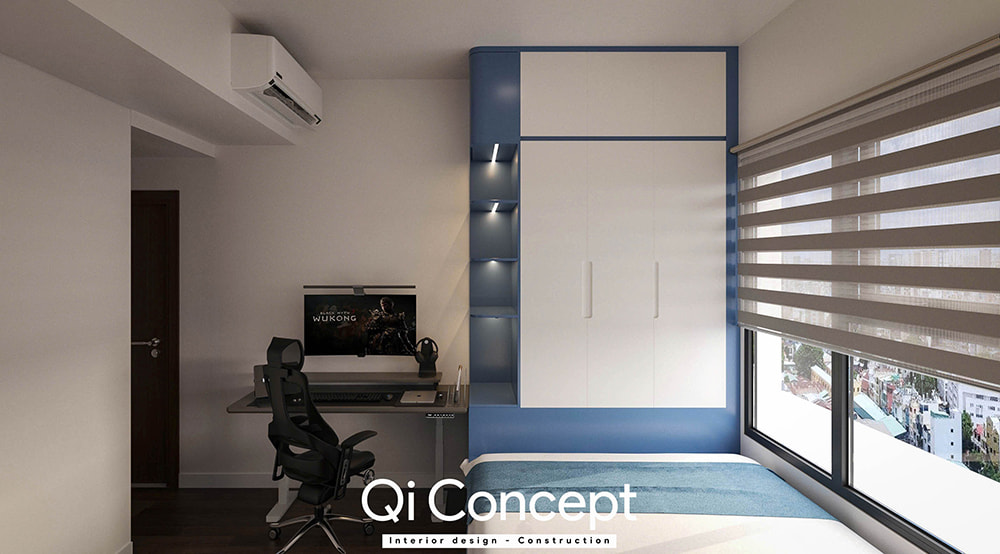 Thiết kế chung cư Citihome phòng ngủ tông xanh trắng tích hợp góc làm việc tại nhà.