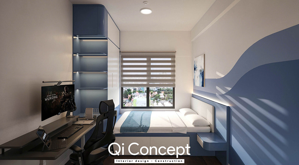Nội thất phòng ngủ trẻ trung trong thiết kế chung cư Citihome với mảng tường xanh cá tính.