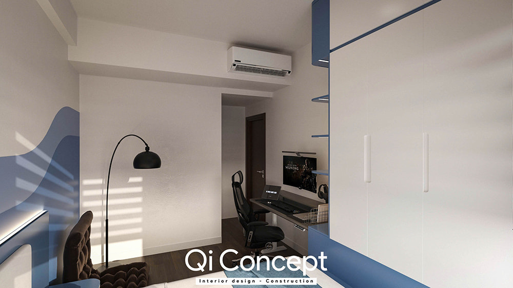 Thiết kế chung cư Citihome phòng ngủ tông xanh trắng tích hợp góc làm việc tại nhà.
