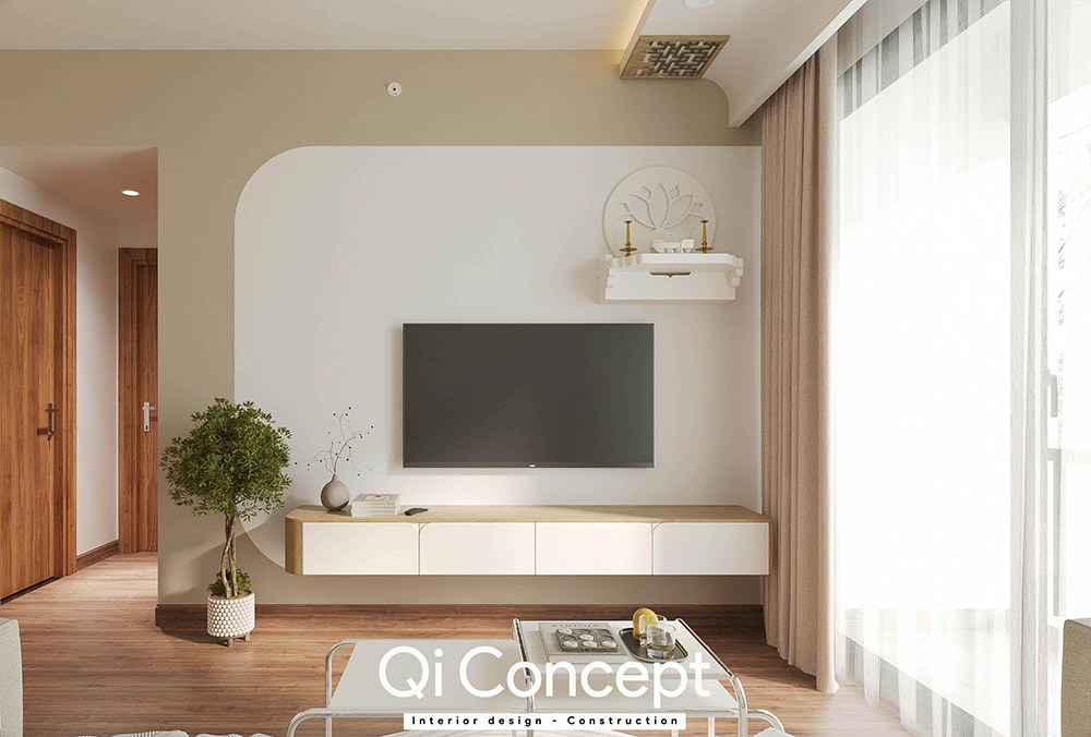 Thiết kế chung cư Citihome kệ tivi treo tường và bàn thờ trang nghiêm tại phòng khách.