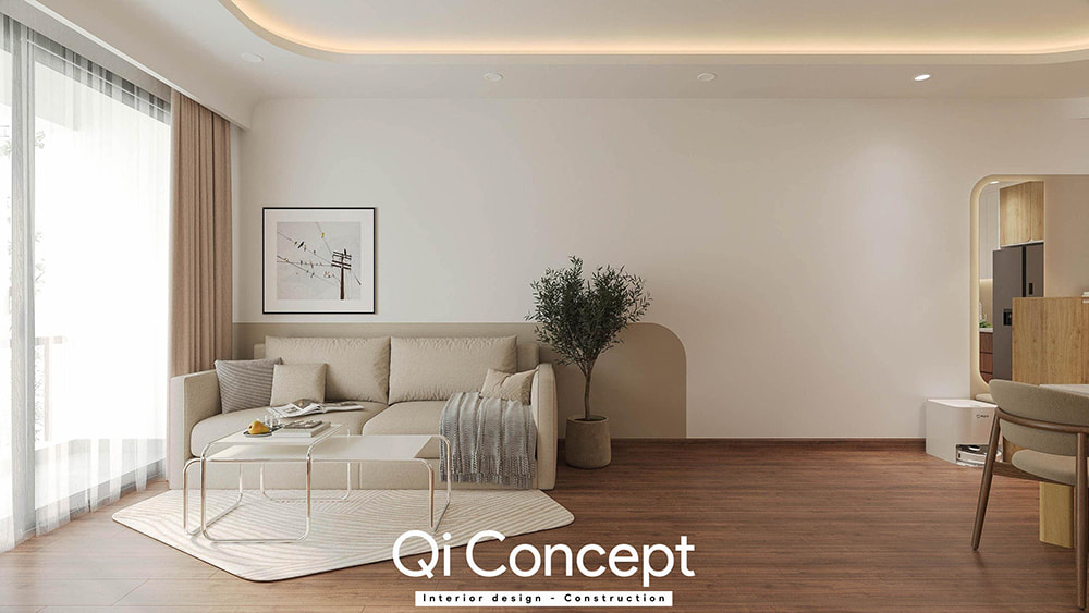Thiết kế chung cư Citihome phòng khách tối giản với tông màu be và sàn gỗ sáng ấm áp.