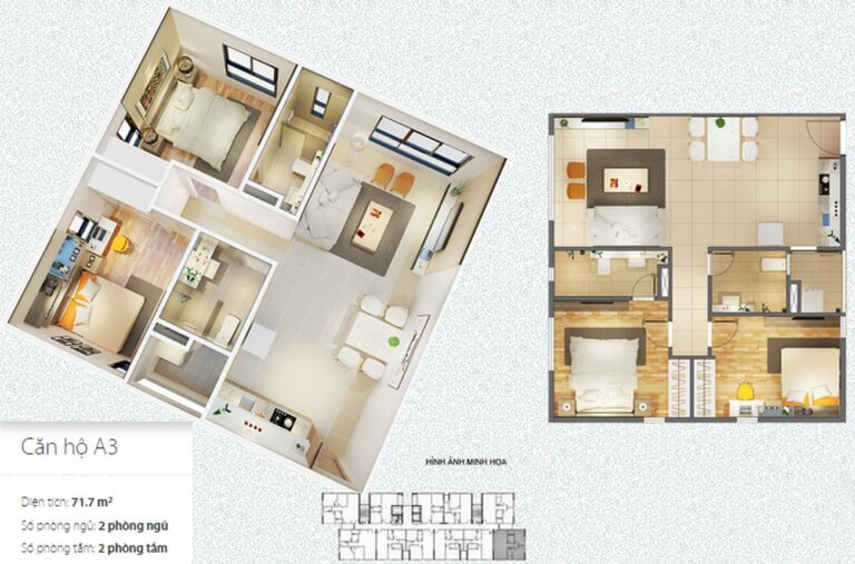 Bản vẽ mặt bằng thiết kế chung cư Citihome căn hộ A3 diện tích 71.7m2 gồm 2 phòng ngủ