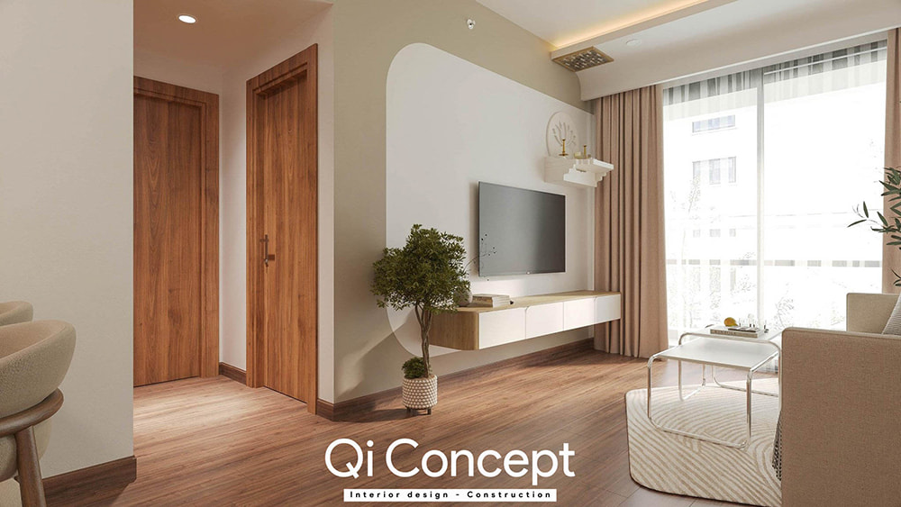 Thiết kế chung cư Citihome khu vực tivi phòng khách với kệ gỗ treo tường gọn gàng.