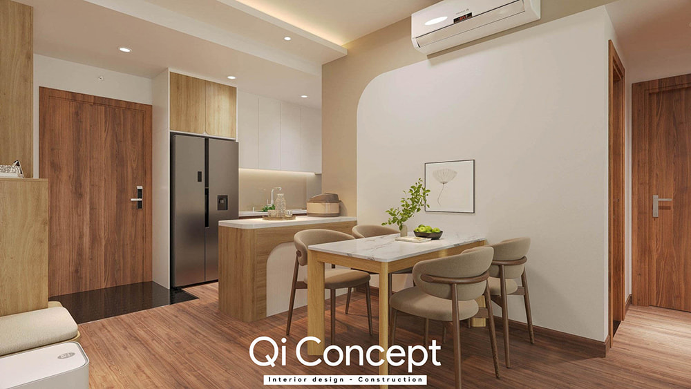 Thiết kế chung cư Citihome khu vực bàn ăn mặt đá và quầy bar nhỏ ngăn cách phòng bếp.