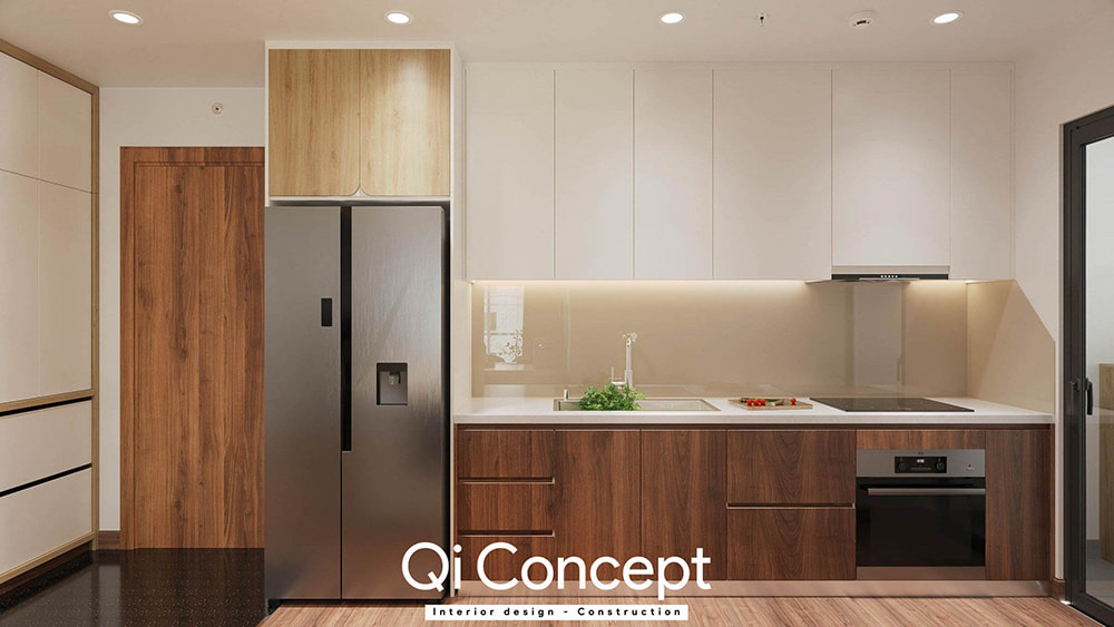 Thiết kế chung cư Citihome hệ tủ bếp gỗ mộc mạc kết hợp gạch ốp màu trắng sạch sẽ.