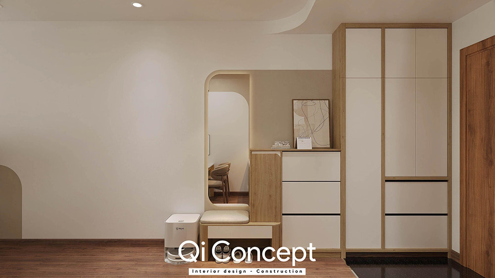 Thiết kế chung cư Citihome sảnh vào hiện đại với gương soi nghệ thuật và tủ giày.