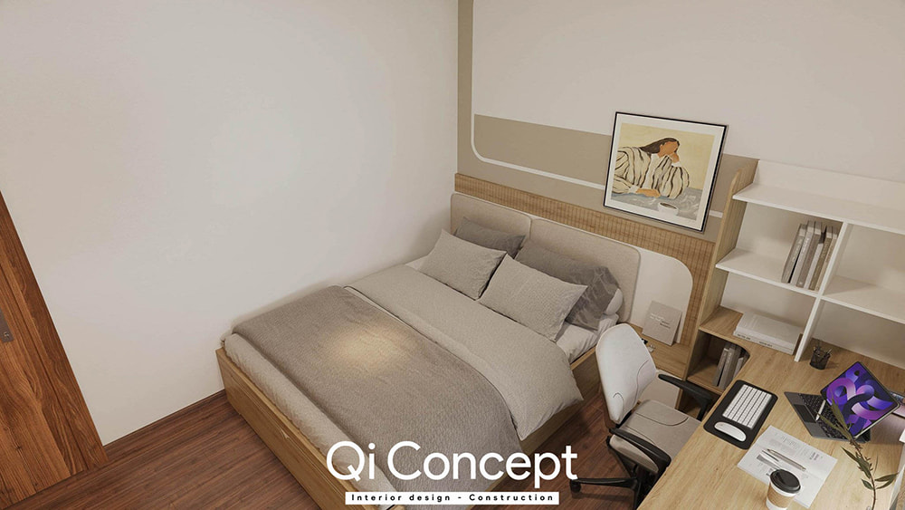 Thiết kế chung cư Citihome phòng ngủ nhỏ tối ưu diện tích với giường và bàn làm việc gỗ.