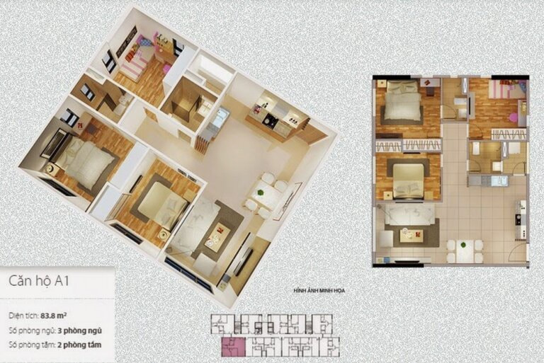 Sơ đồ mặt bằng thiết kế chung cư Citihome căn hộ A1 diện tích 83.8m2 với 3 phòng ngủ