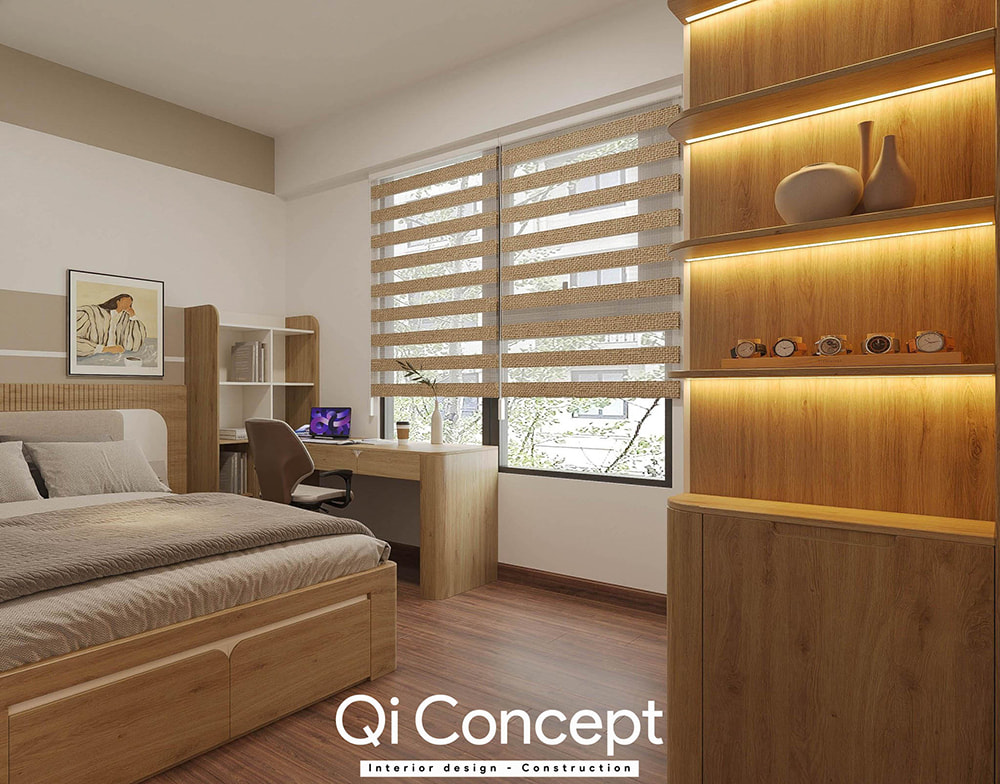 Thiết kế chung cư Citihome góc phòng ngủ có hệ kệ trang trí tích hợp đèn led hiện đại.