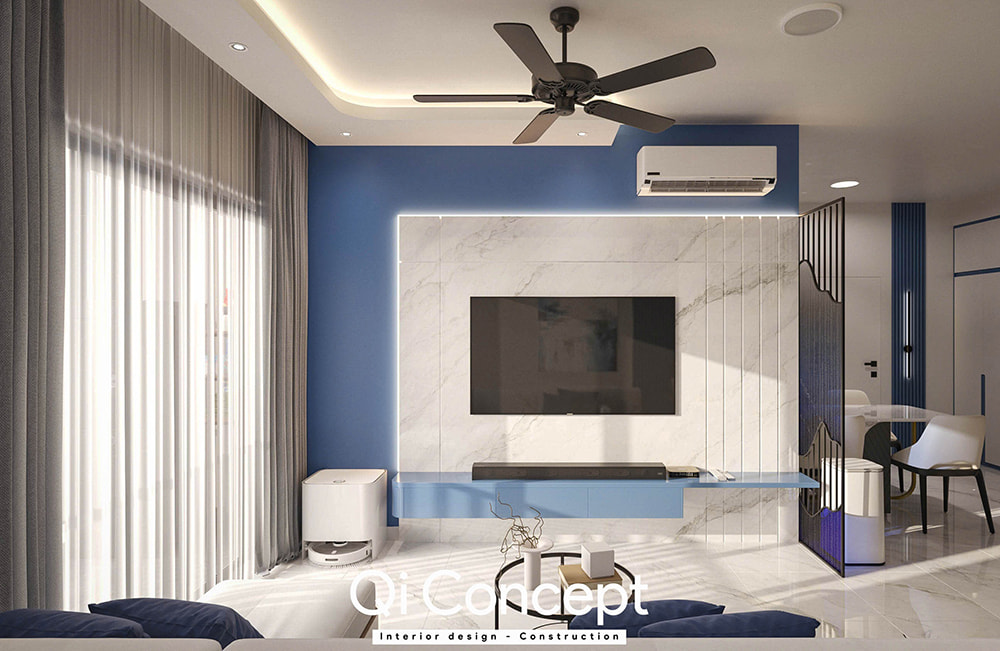 Thiết kế chung cư Citihome phòng khách có vách tivi giả đá và tông màu xanh dương nổi bật.