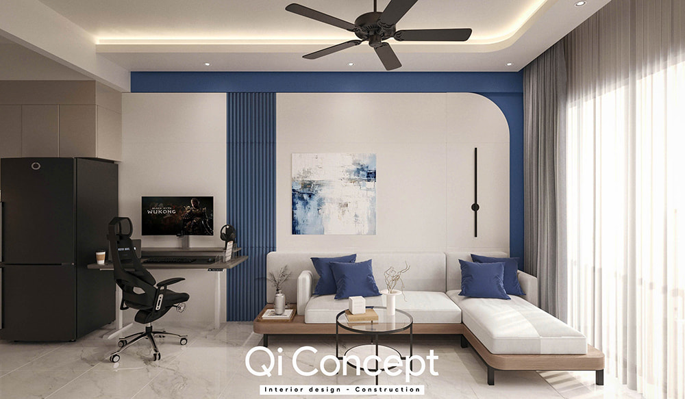 Nội thất phòng khách thiết kế chung cư Citihome tích hợp góc làm việc và sofa chữ L.