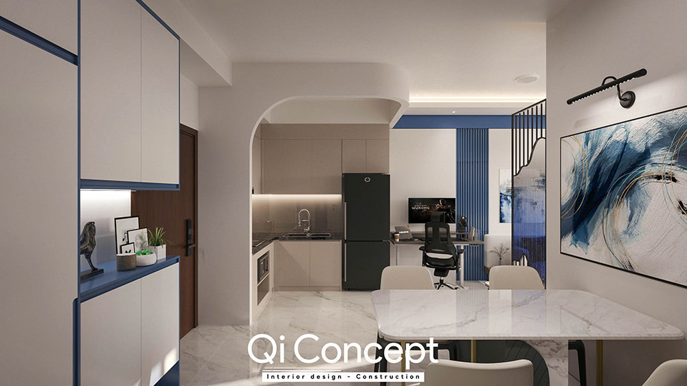 Tầm nhìn tổng thể từ bàn ăn ra bếp và phòng khách trong thiết kế chung cư Citihome hiện đại.