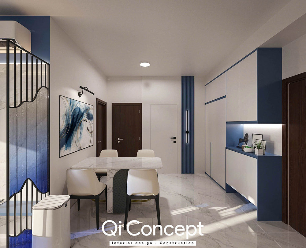 Thiết kế chung cư Citihome hệ tủ giày kịch trần màu xanh trắng tại khu vực lối vào.