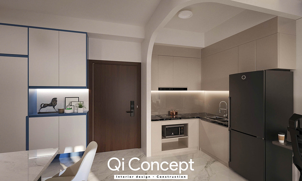 Thiết kế chung cư Citihome không gian bếp nấu ngăn chia bằng vòm cửa cong thẩm mỹ.
