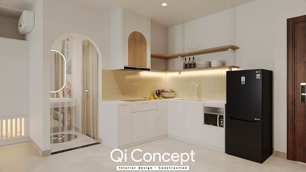 Hệ tủ bếp chữ L hiện đại thiết kế chung cư Masteri An Phú.