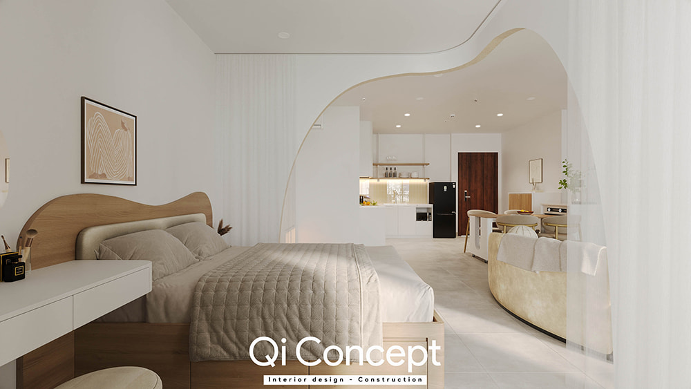 Tầm nhìn từ giường ngủ ra phòng khách thiết kế chung cư Masteri An Phú.