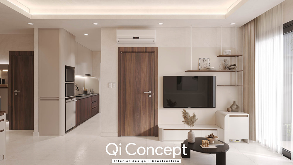 Kệ tivi treo tường tinh giản thiết kế chung cư Masteri An Phú.