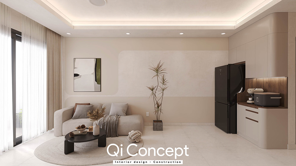 Toàn cảnh phòng khách tông kem thiết kế chung cư Masteri An Phú.