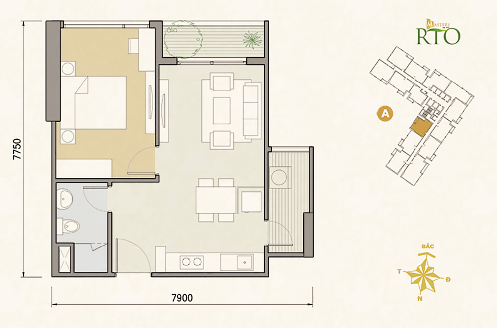 Mặt bằng bố trí căn hộ 1 phòng ngủ thiết kế chung cư Masteri An Phú.