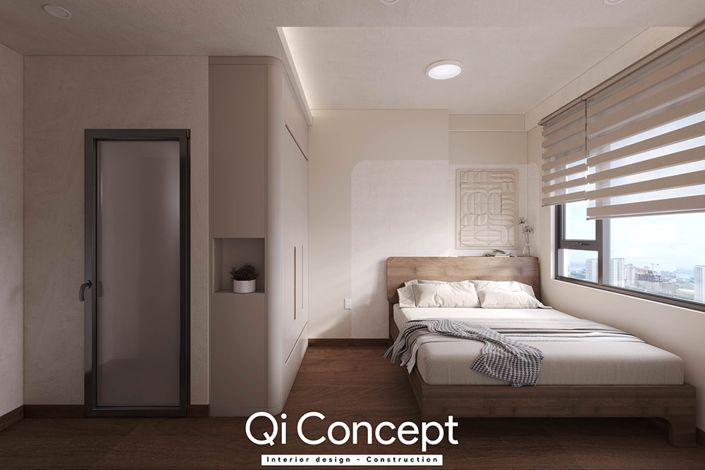 Giường ngủ đặt cạnh cửa sổ thiết kế chung cư Masteri An Phú.