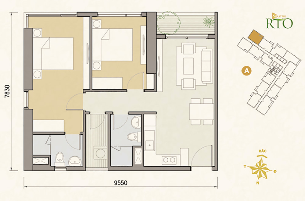 Bản vẽ mặt bằng căn hộ 2 phòng ngủ thiết kế chung cư Masteri An Phú.