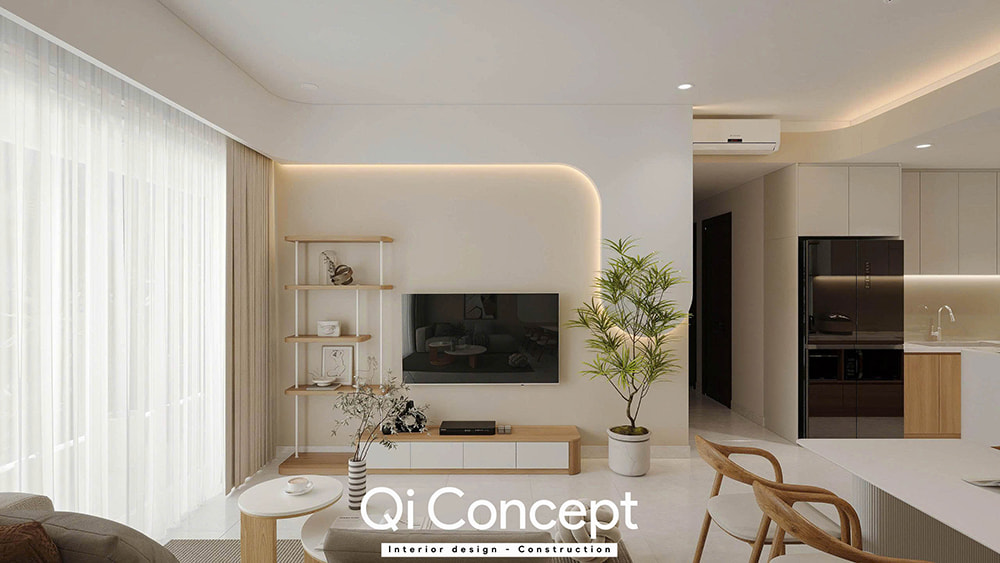 Kệ TV và cây xanh trang trí phòng khách thiết kế chung cư Masteri An Phú.