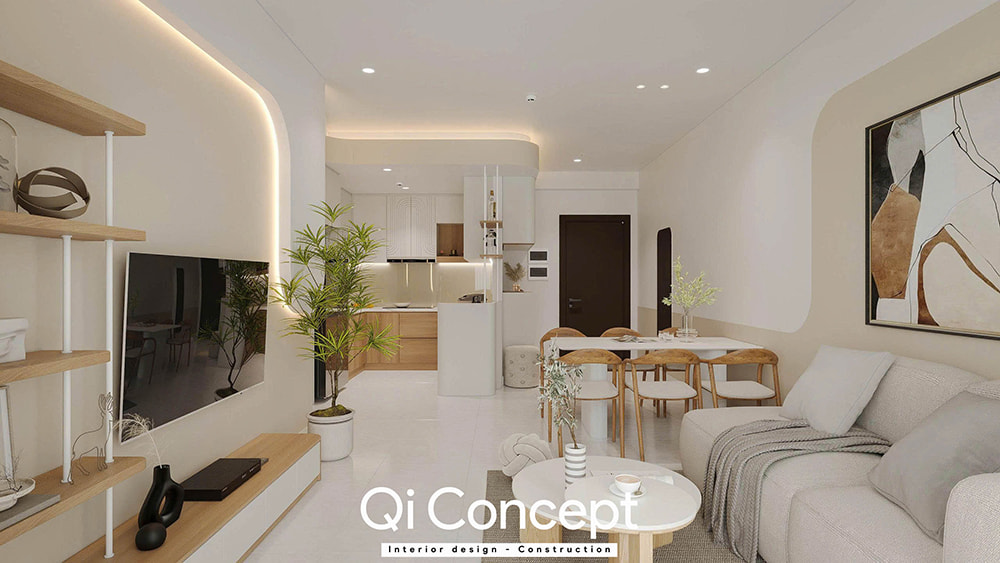 View nhìn từ bàn ăn sang phòng khách thiết kế chung cư Masteri An Phú.