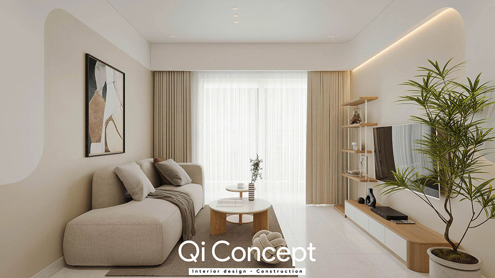 Sofa băng dài cạnh cửa ban công thiết kế chung cư Masteri An Phú.