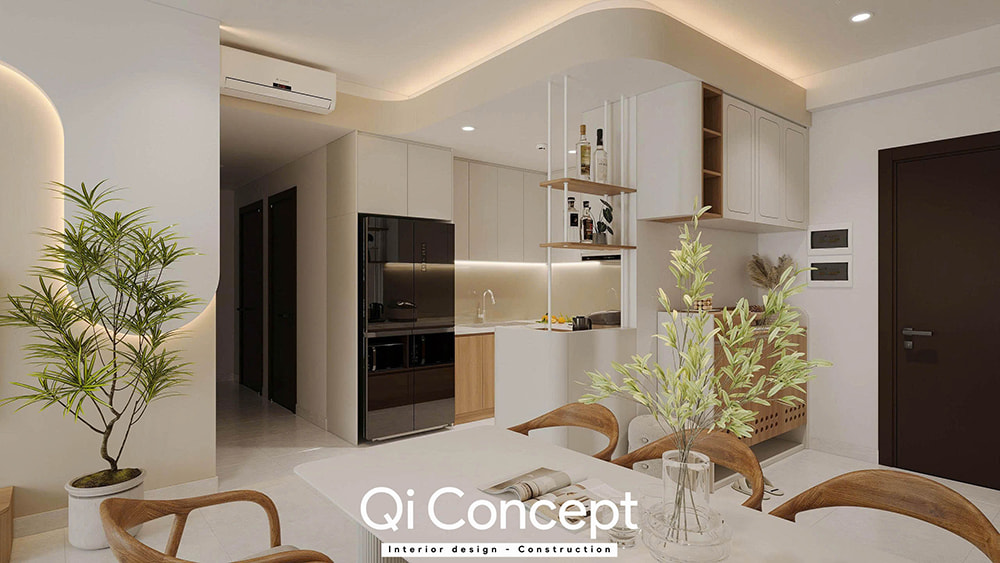 Quầy bar nhỏ ngăn cách bếp và khách thiết kế chung cư Masteri An Phú.