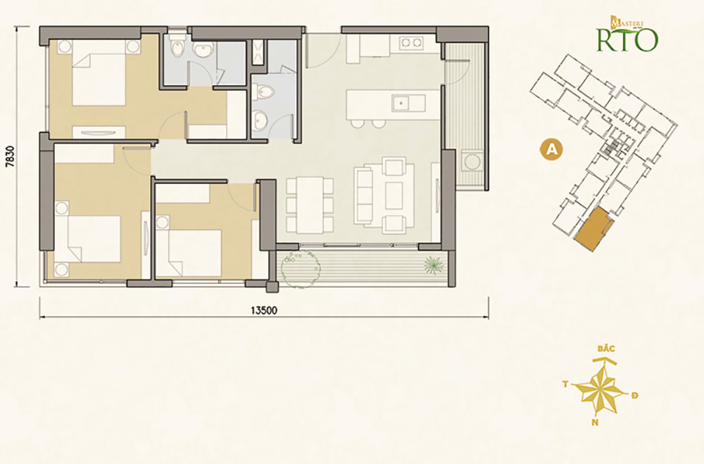 Sơ đồ thiết kế căn hộ 3 phòng ngủ thiết kế chung cư Masteri An Phú.