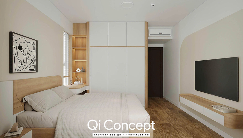 Hệ tủ quần áo kết hợp kệ trang trí thiết kế chung cư Masteri An Phú.