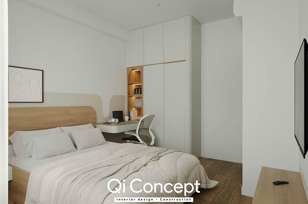 Góc làm việc nhỏ trong phòng ngủ thiết kế chung cư Masteri An Phú.