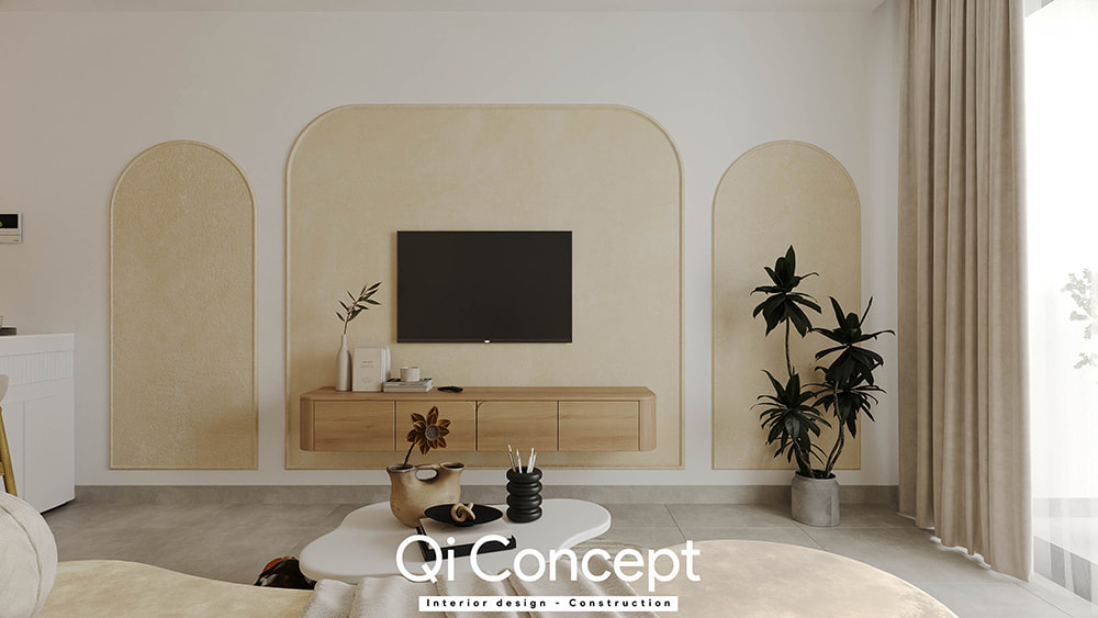 Vách tivi nghệ thuật với hệ vòm thiết kế chung cư Masteri An Phú.