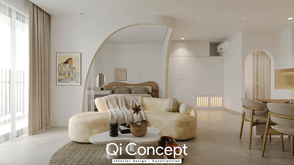 Sofa nỉ cao cấp và hệ tủ kịch trần thiết kế chung cư Masteri An Phú.