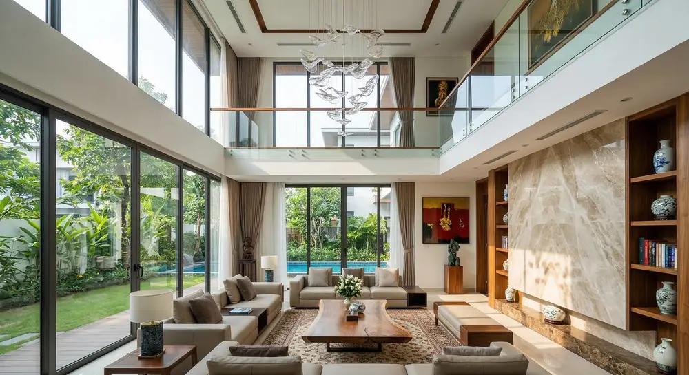 Không gian phòng khách biệt thự Villa Park Q9 với thiết kế thông tầng tráng lệ.