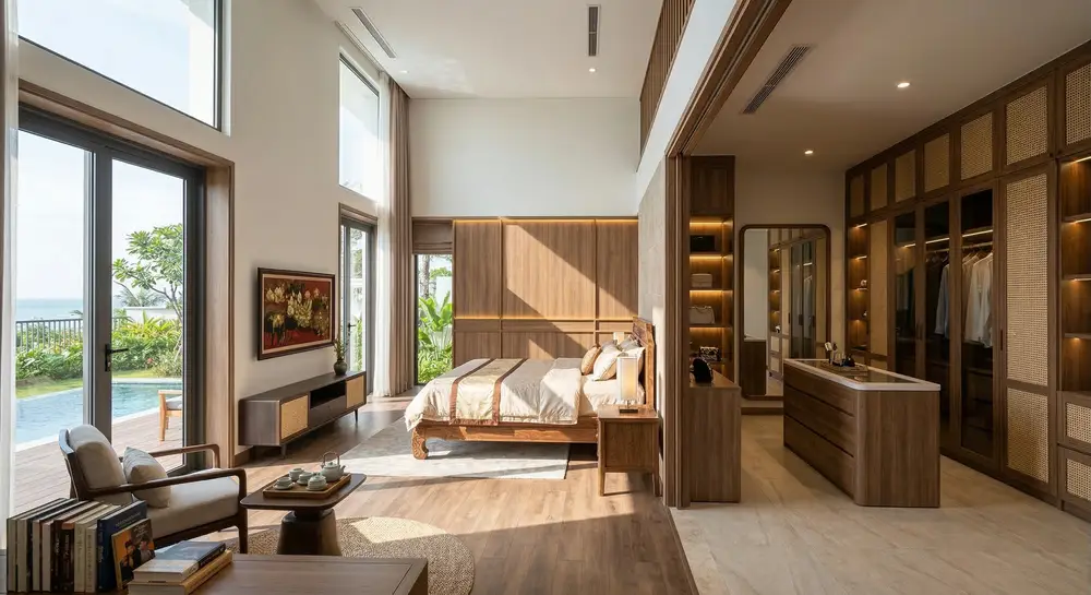 Phòng ngủ Master biệt thự nghỉ dưỡng tích hợp Walk-in closet.