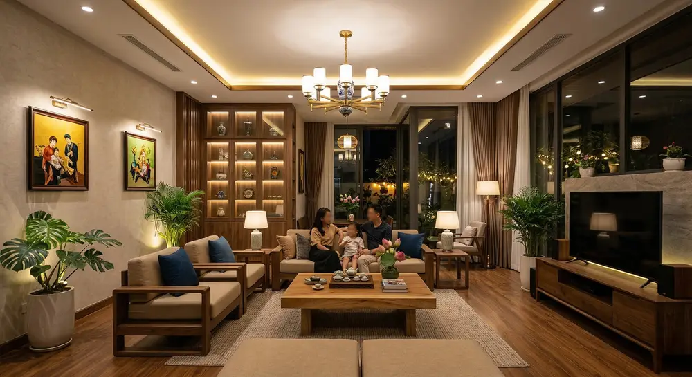 Ứng dụng kịch bản ánh sáng đa lớp trong phòng khách biệt thự.